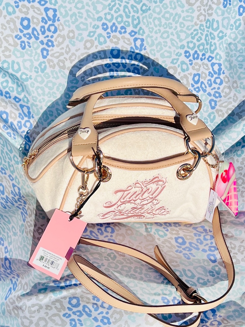New Tan Cream Juicy Couture Purse Bowler Bag Handbag Terry Cloth Ice Cream Charm